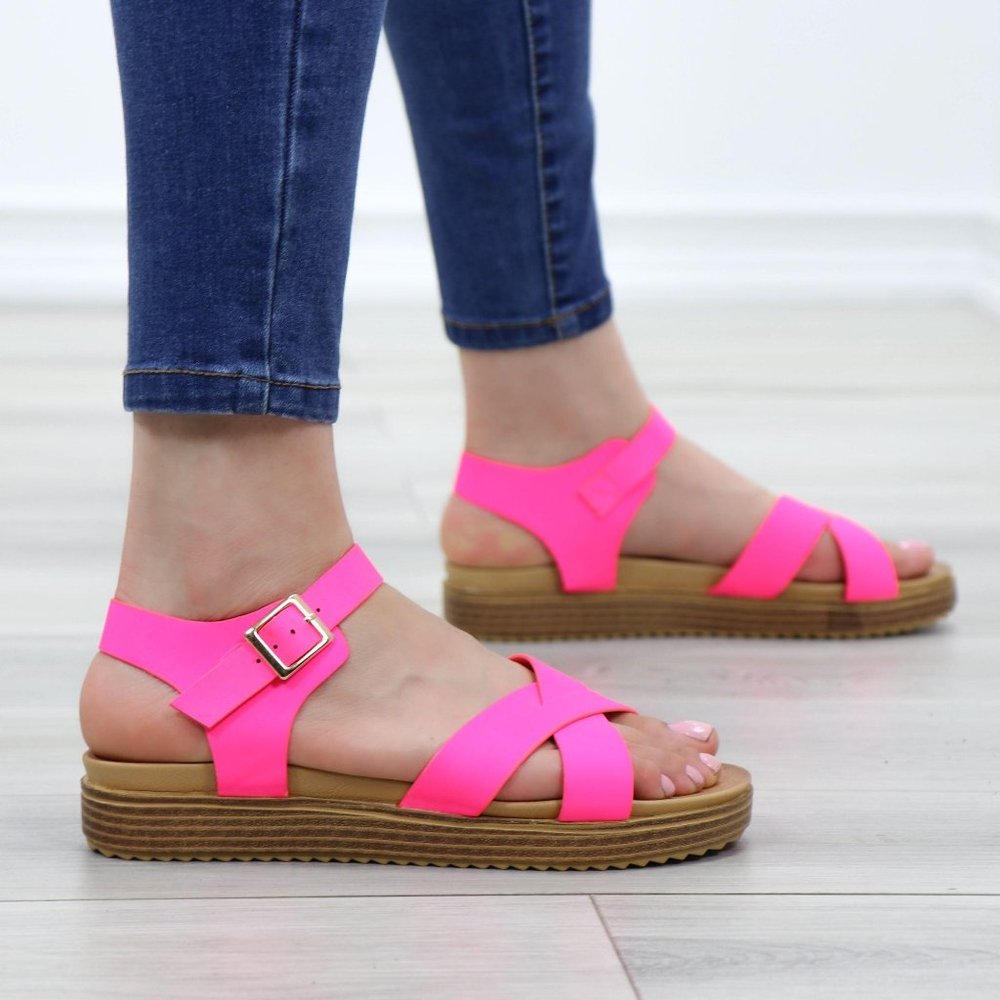 Neon Pink Strappy Comfort Sandals Faux Nubuck - Picture 4 of 14